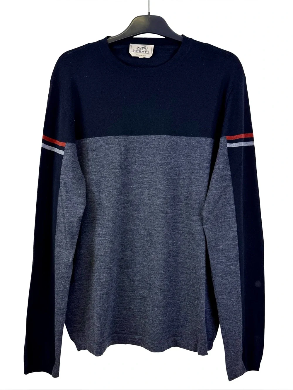 HERMES CREWNECK COLOR-BLOCK WOOL KNIT SWEATER - Picture 2 of 6